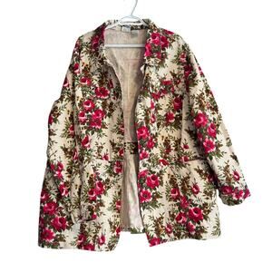 Romans Floral Jacket Womens Sz 22W Denim White pink Rose Loose Feminine Romantic